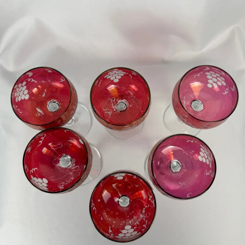 Vintage Cranberry Glass Cordial Set 6 Red Etched Grape Vine Clear Stem Barware